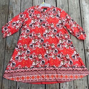 New Directions women Floral Red Dress 3/4 sleeve sz 1X